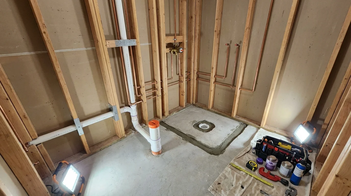 Bathroom rough-in plumbing during remodel by Johns Plumbing LLC in Gold Bar