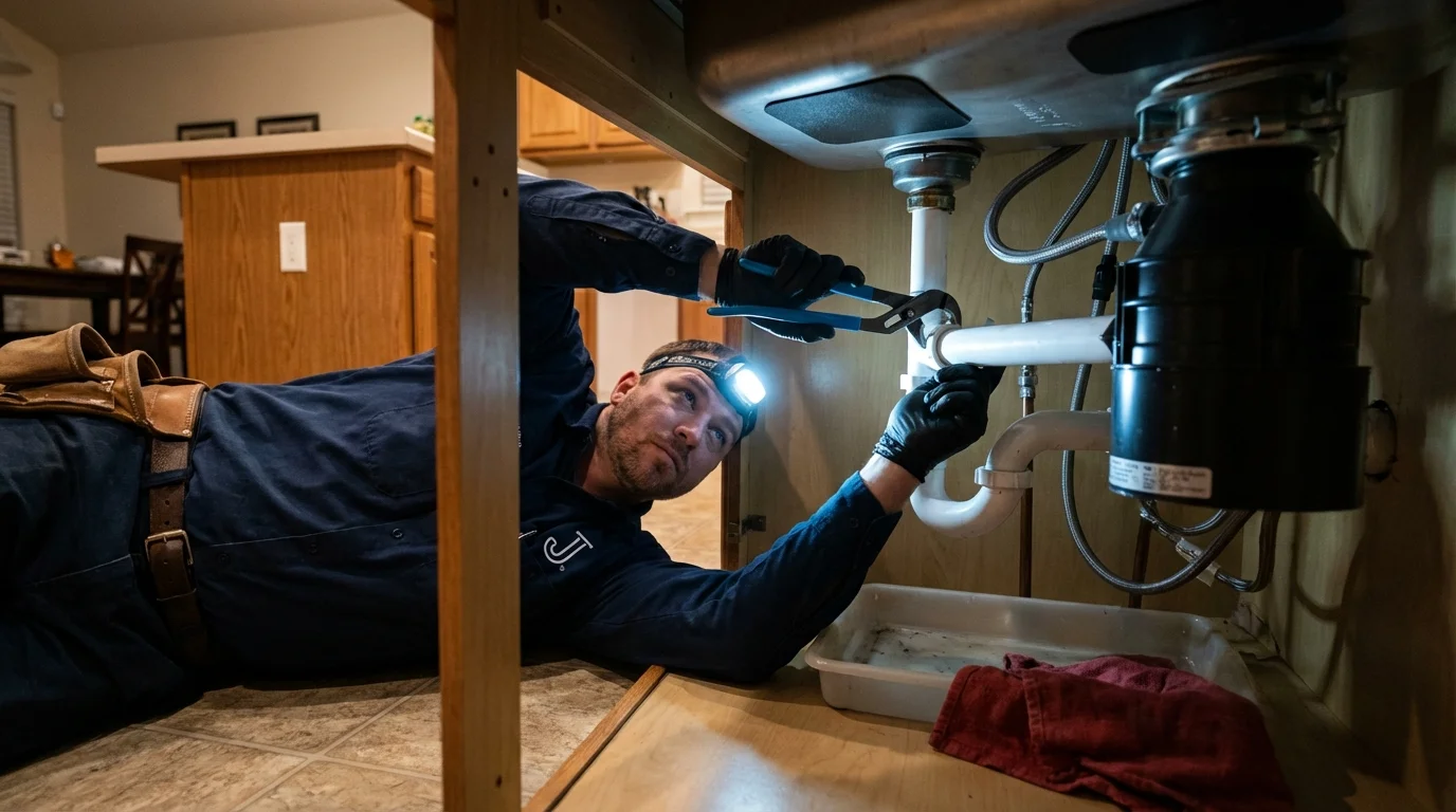 P-trap and supply line connections under a kitchen sink showing a common leak point in Gold Bar, WA
